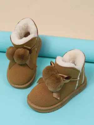 1pair Kids Faux Fur Pompom Ribbon Decor Warm Lined Fleece Snow Boots, Cute Trendy Classic Pull-On For Winter, Christmas And Halloween