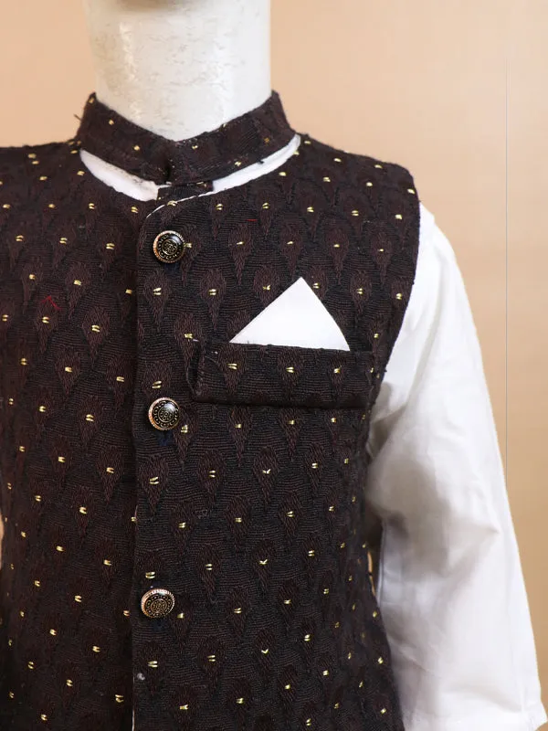1Yrs - 5Yrs Dark Brown Waistcoat with White Kurta Pajama Suit For Boys BKS69