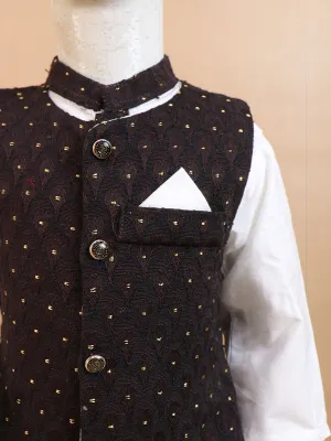 1Yrs - 5Yrs Dark Brown Waistcoat with White Kurta Pajama Suit For Boys BKS69