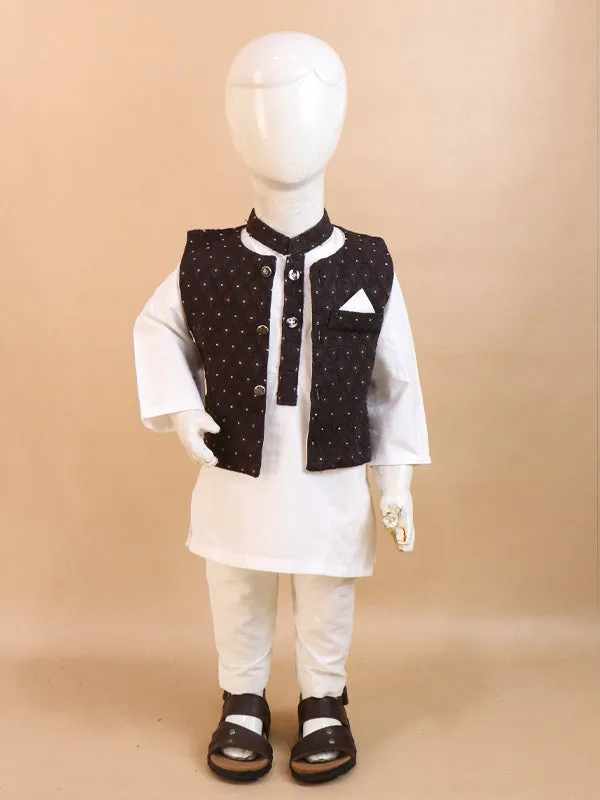 1Yrs - 5Yrs Dark Brown Waistcoat with White Kurta Pajama Suit For Boys BKS69