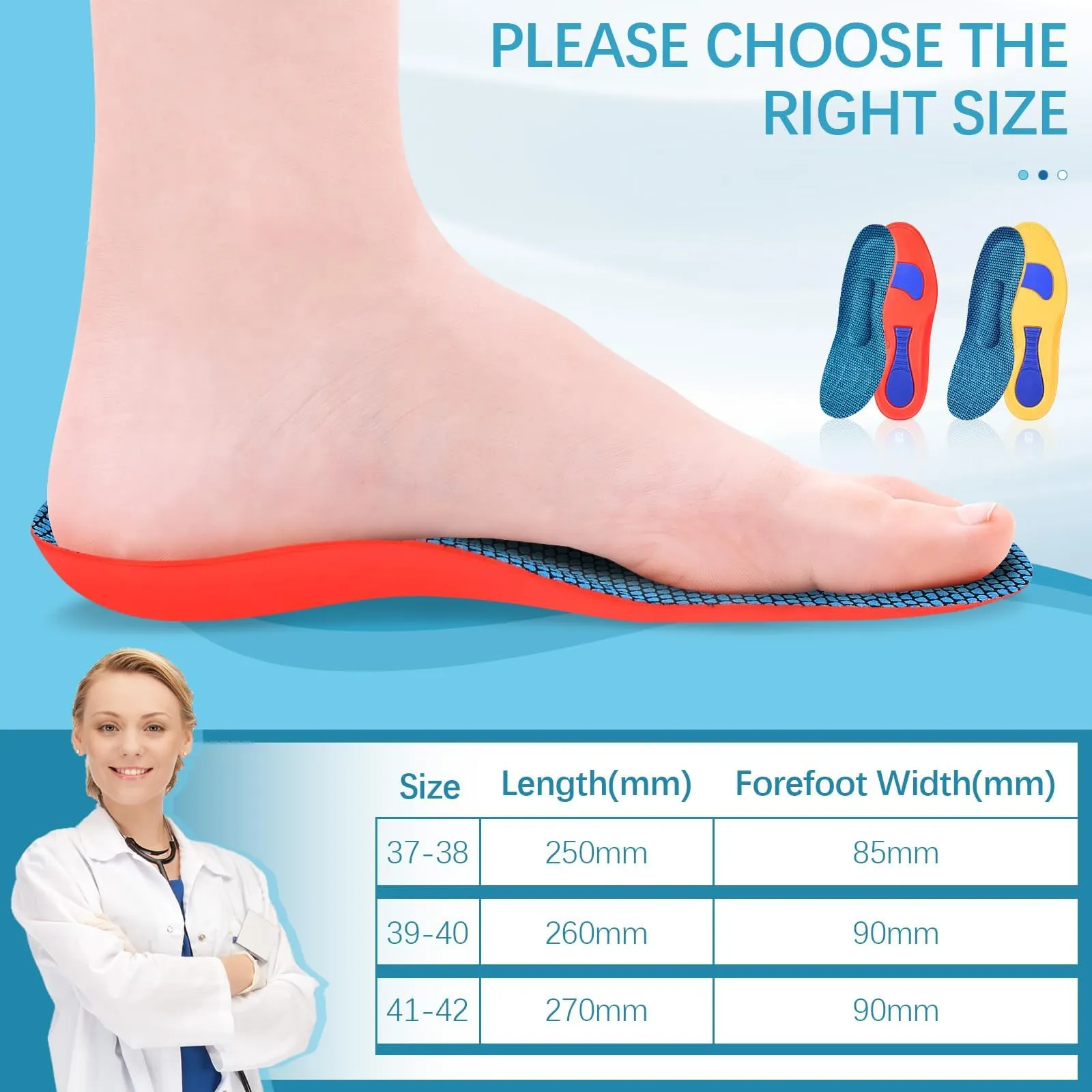 2 pairs of orthopedic insoles, Comfysole heel spur insoles for bunions, plantar fasciitis, men and women, to support the arch of the foot, foot pain 41-42