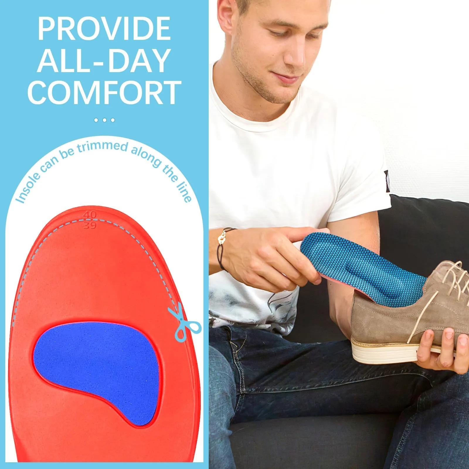 2 pairs of orthopedic insoles, Comfysole heel spur insoles for bunions, plantar fasciitis, men and women, to support the arch of the foot, foot pain 41-42