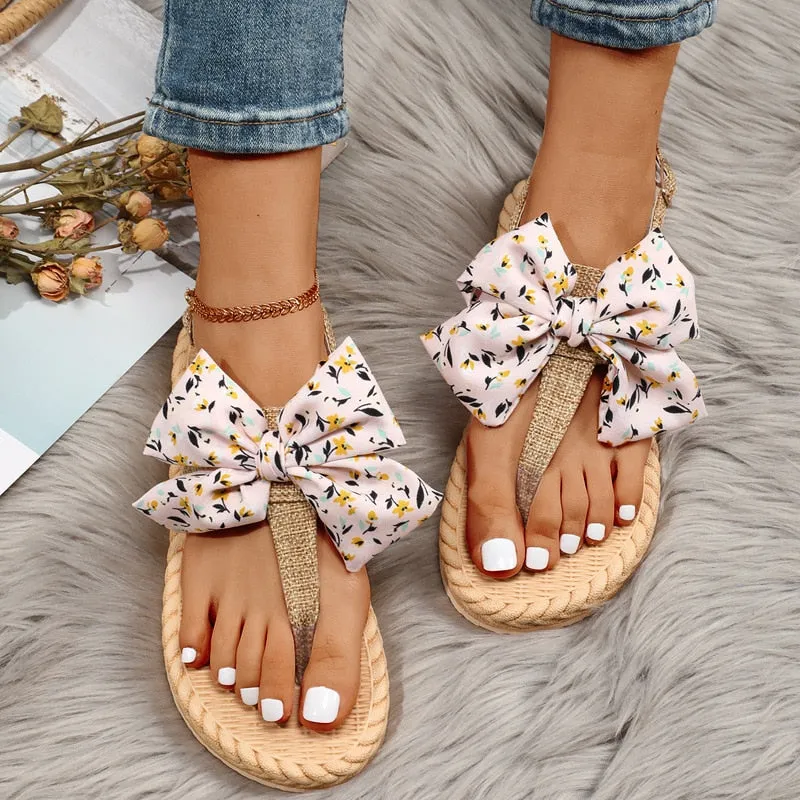 2023 Bow Decor Espadrille Sole Thong Flip Flops Sandals  Fashion Women Slides Flat Heel Outdoor Beach Summer Woman Slippers