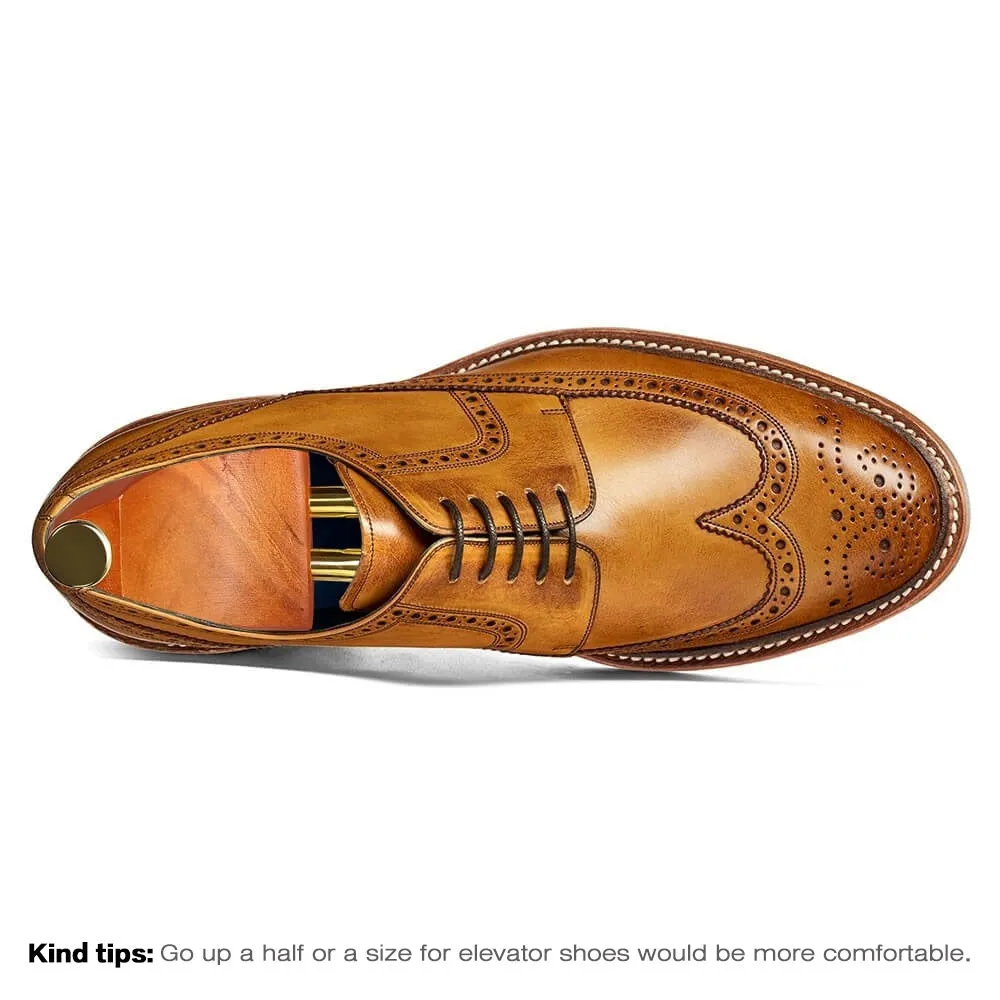 7 CM / 2.76 Inches CMR CHAMARIPA Goodyear Welted Height Increasing Dress Shoes - Brown Hand Painted Wingtip Brogue Shoes