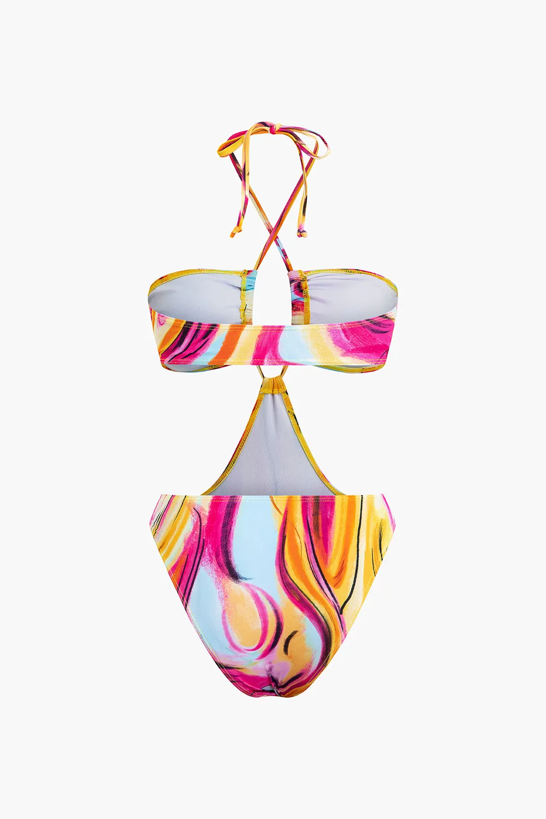 Abstract Print Halter Tummy Control One-piece Swimsuit And Knot Mini Sarong Skirt Set