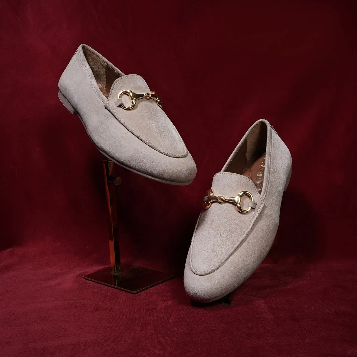 Beige Slip-On Shoes For Women in Suede Leather