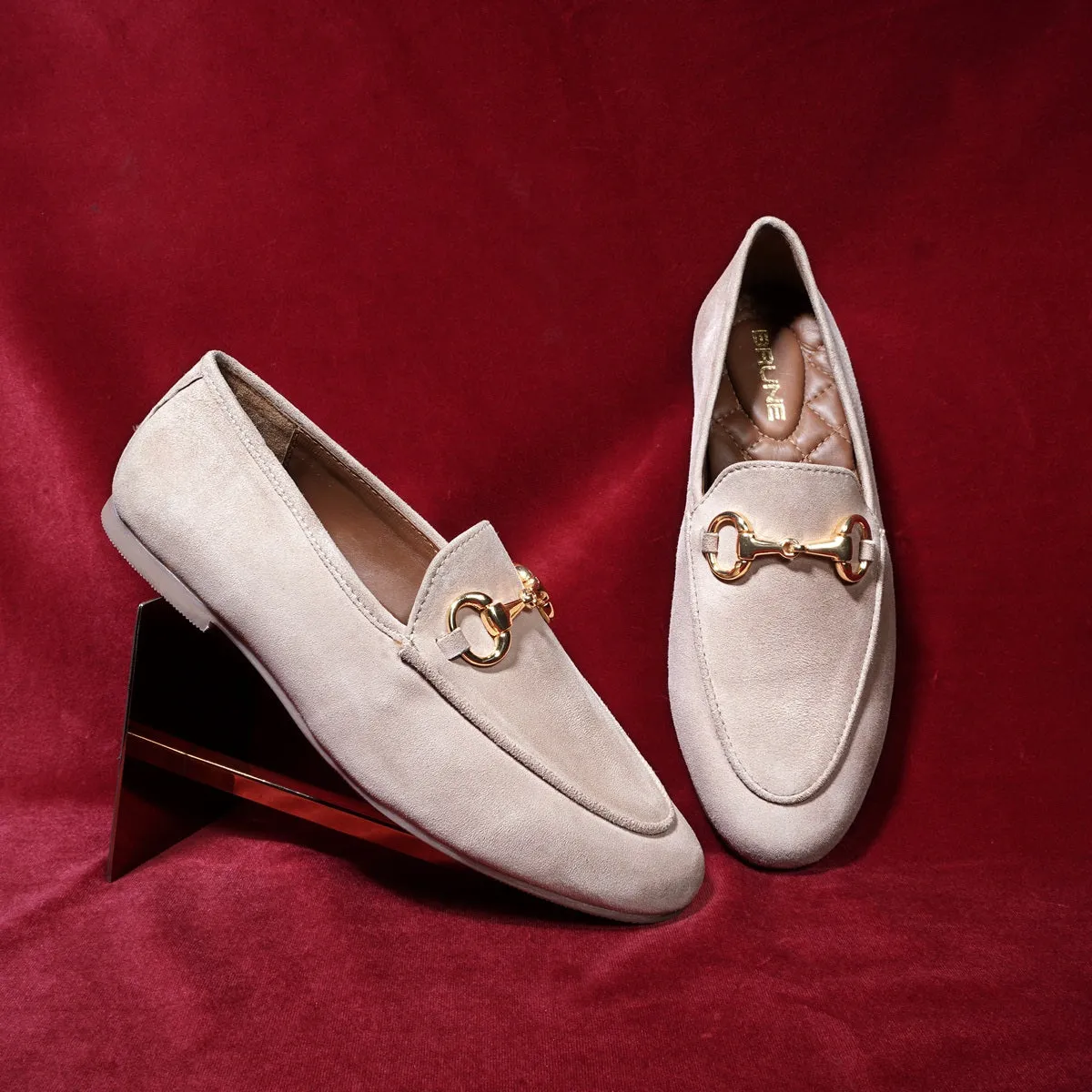 Beige Slip-On Shoes For Women in Suede Leather
