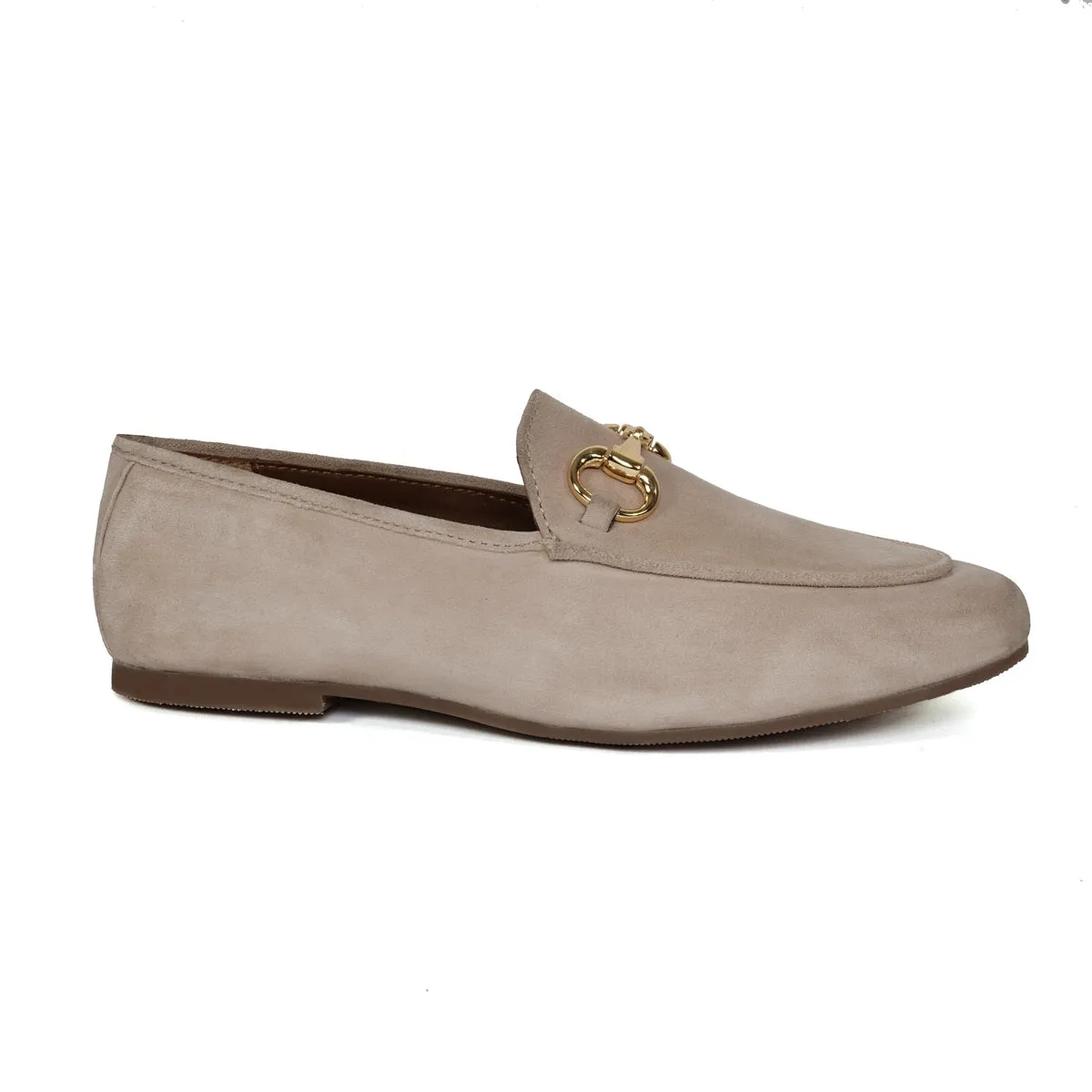 Beige Slip-On Shoes For Women in Suede Leather