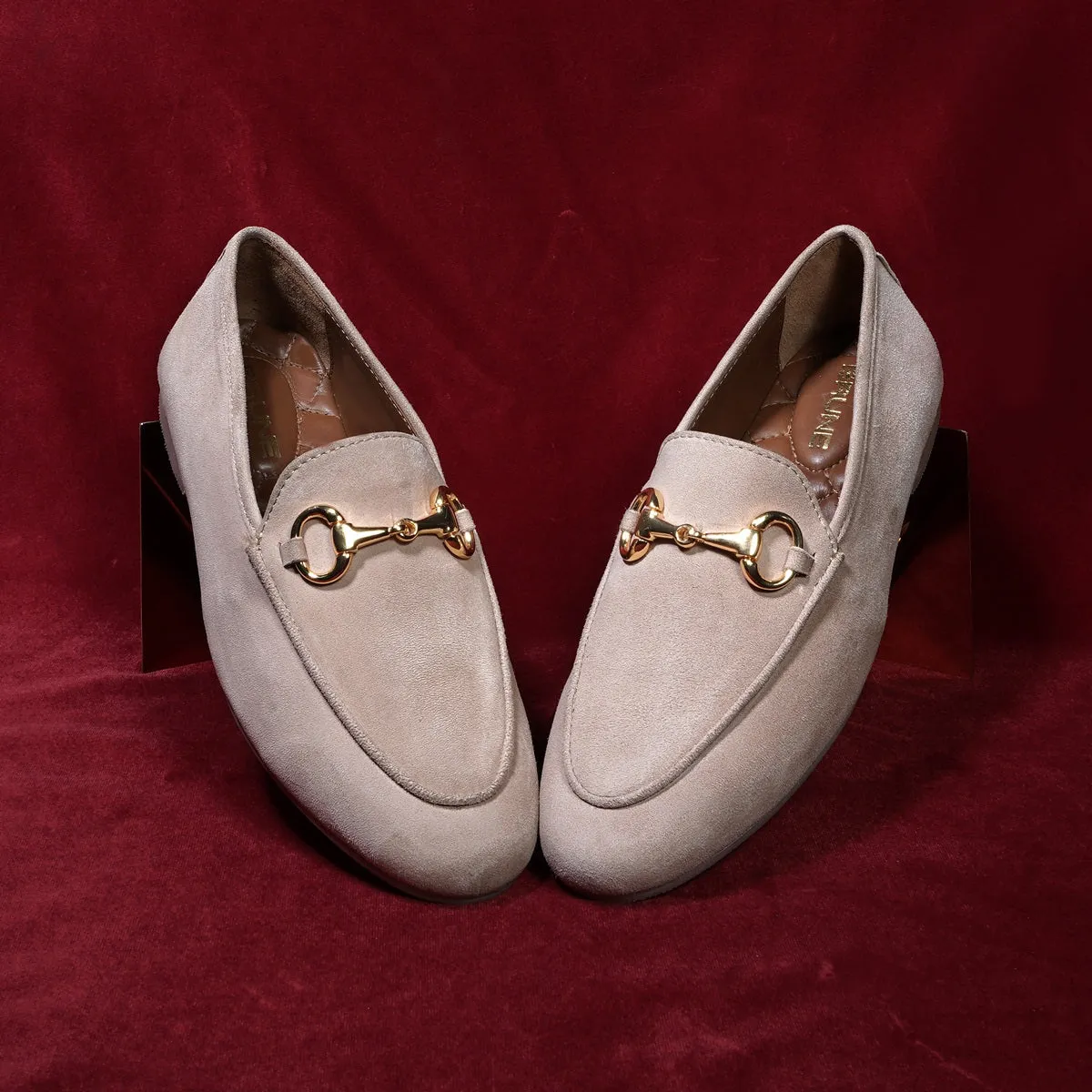 Beige Slip-On Shoes For Women in Suede Leather