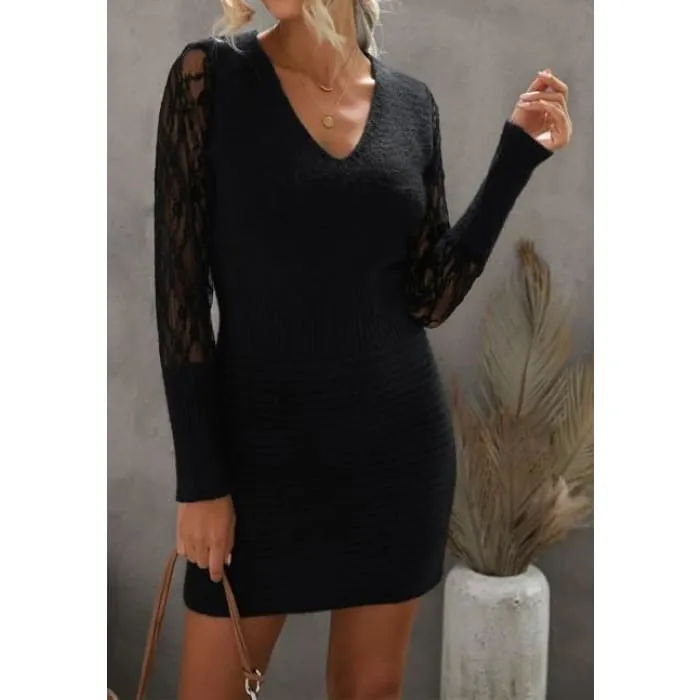 Black Lace Sleeve Sweater Dress