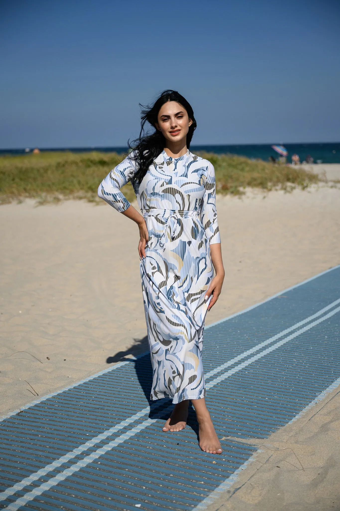 Blue Abstract Maxi Drawstring Swim Dress
