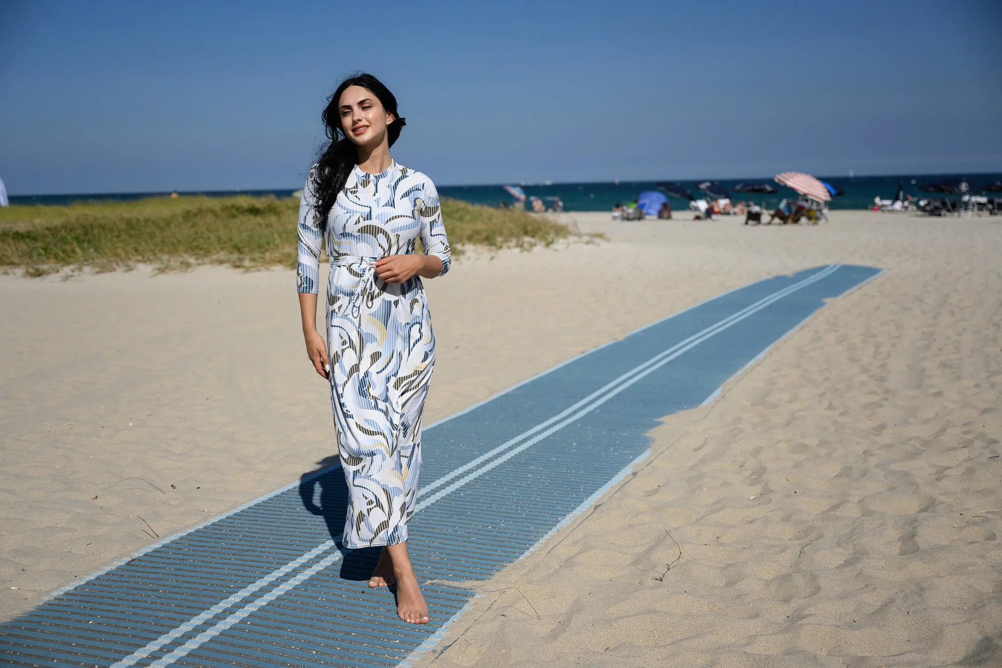 Blue Abstract Maxi Drawstring Swim Dress