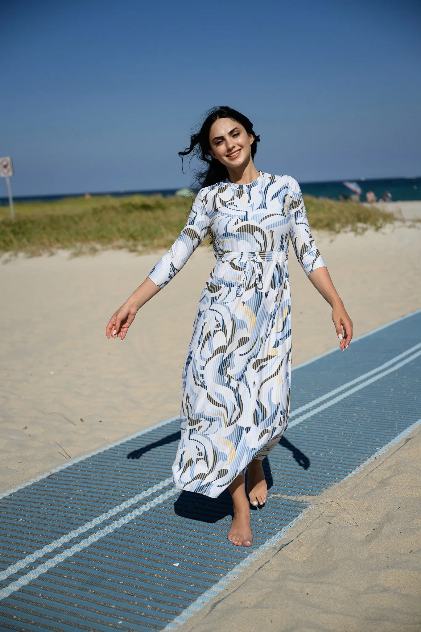 Blue Abstract Maxi Drawstring Swim Dress
