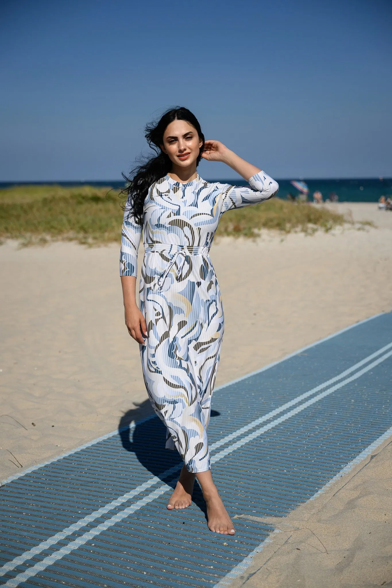 Blue Abstract Maxi Drawstring Swim Dress