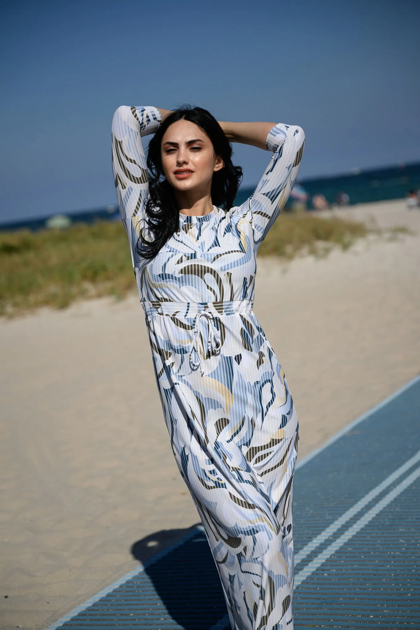 Blue Abstract Maxi Drawstring Swim Dress