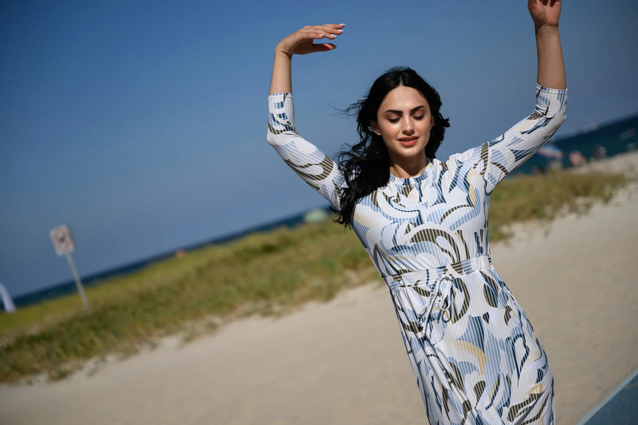 Blue Abstract Maxi Drawstring Swim Dress