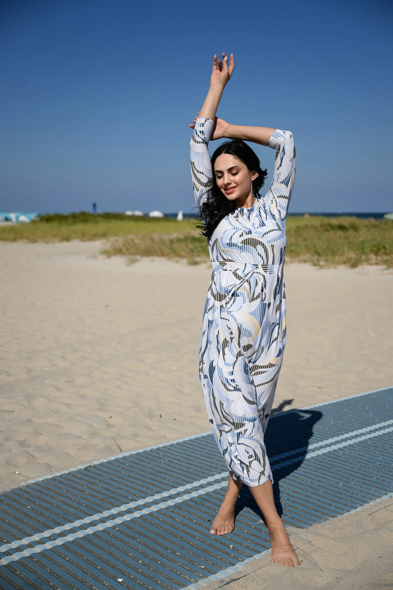 Blue Abstract Maxi Drawstring Swim Dress