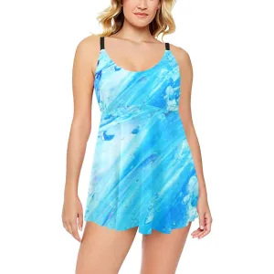 Blue Swirl Chest Pleat Swim Dress