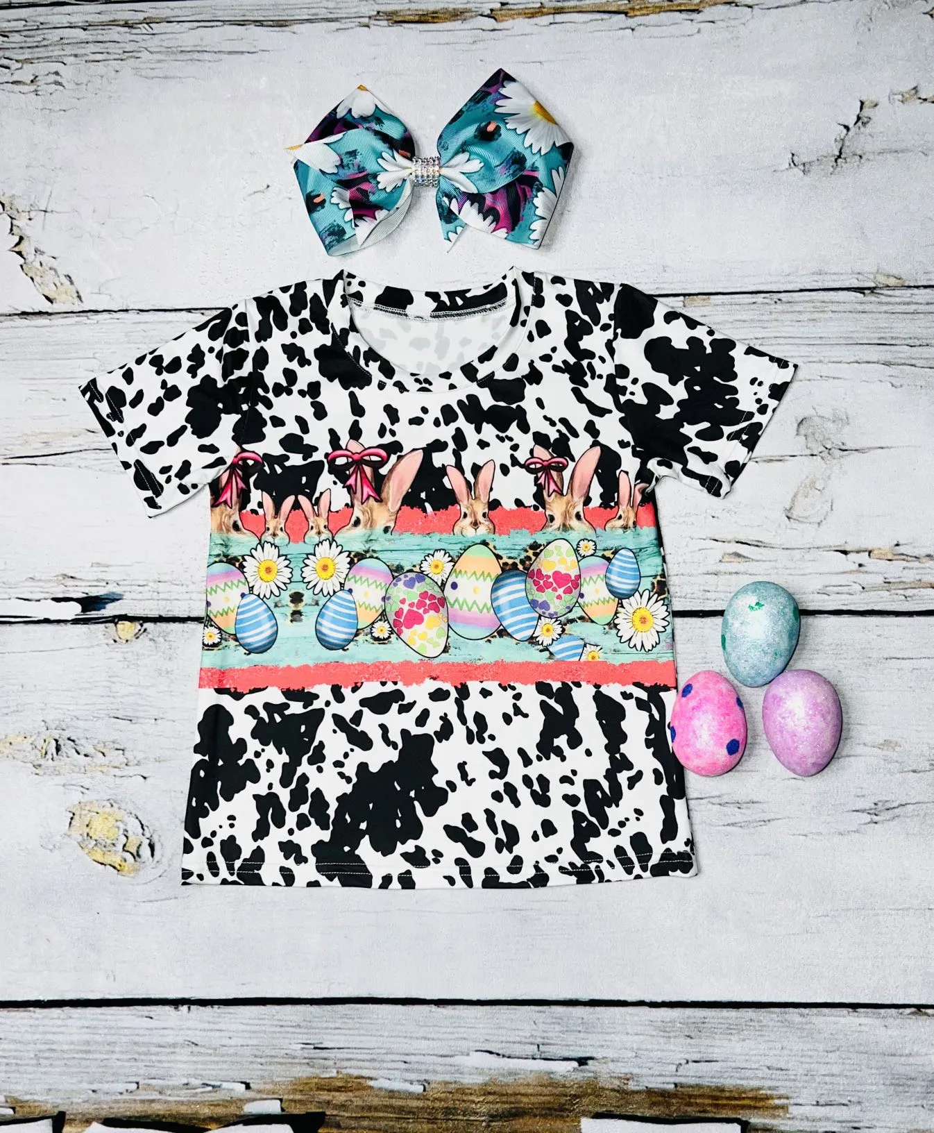 Cow print bunnies, easter eggs, and daisy's short sleeve t-shirt DLH1230-01