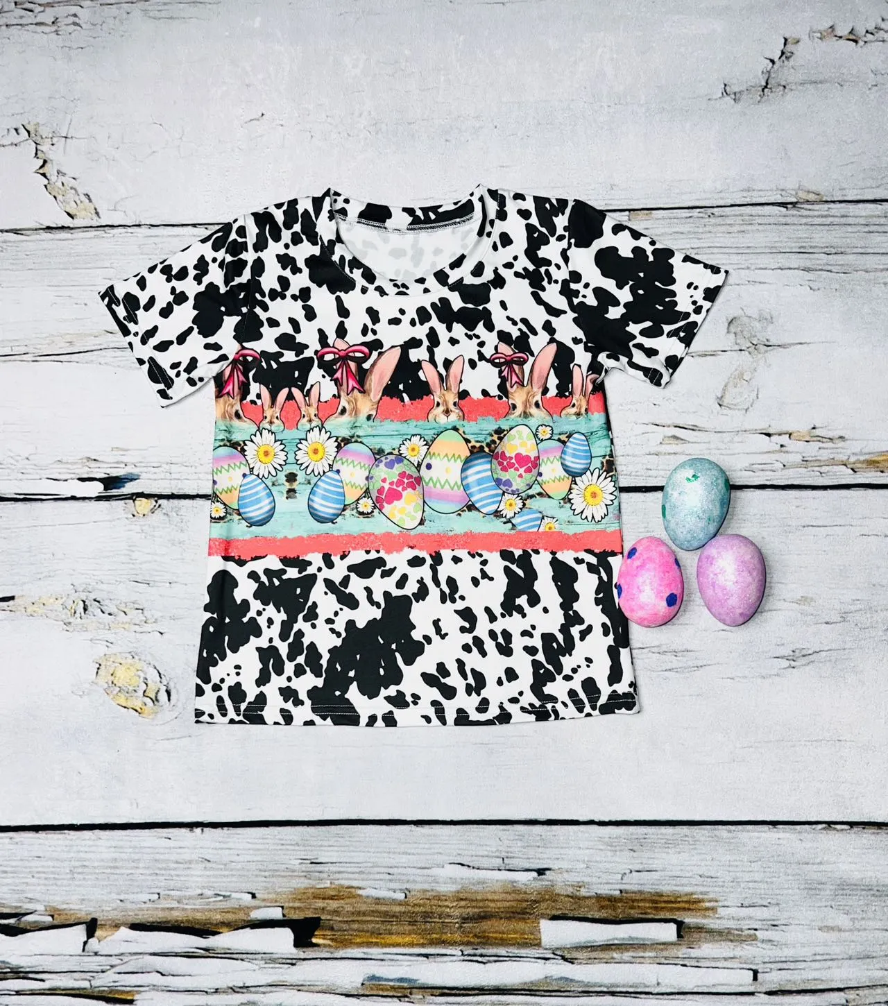 Cow print bunnies, easter eggs, and daisy's short sleeve t-shirt DLH1230-01