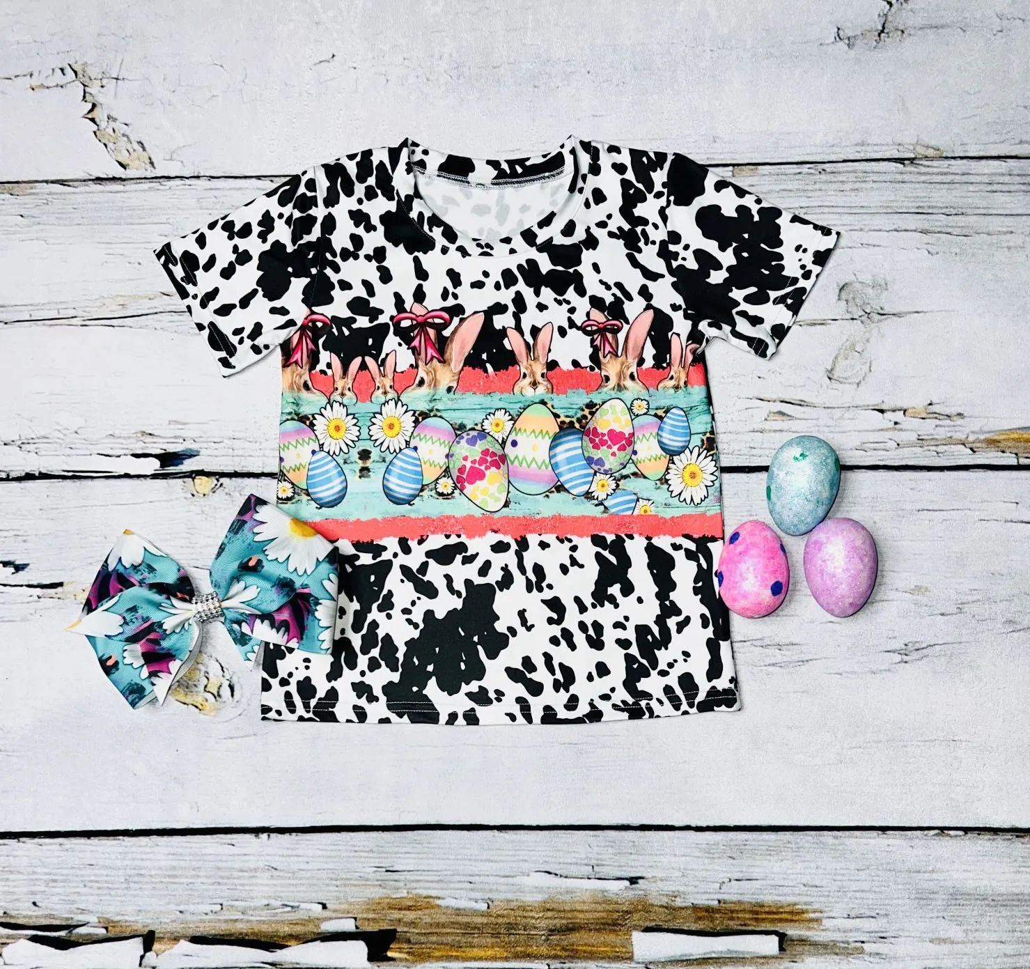 Cow print bunnies, easter eggs, and daisy's short sleeve t-shirt DLH1230-01