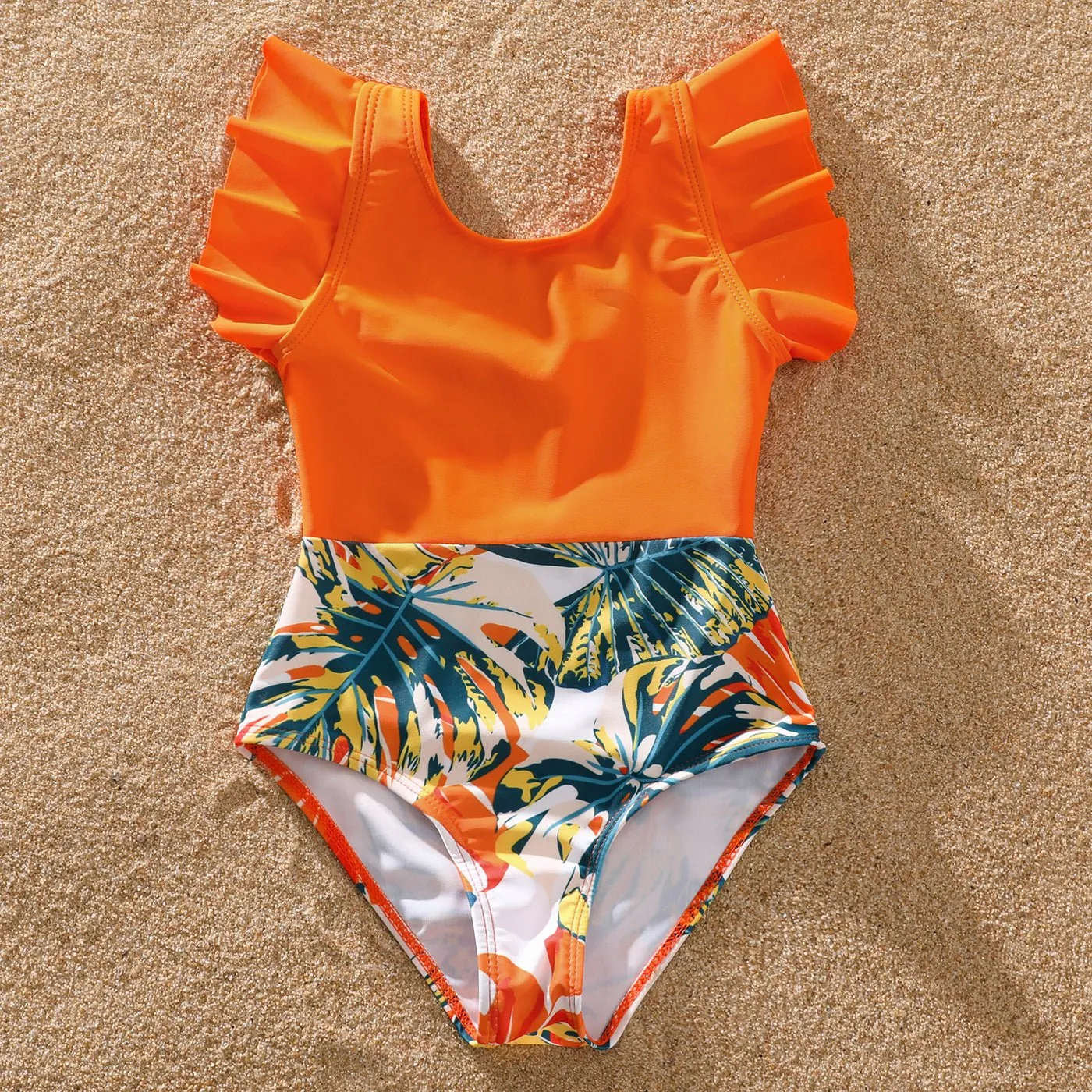 Family Matching Orange and All Over Tropical Plant Print Splicing Ruffle One-Piece Swimsuit and Swim Trunks Shorts