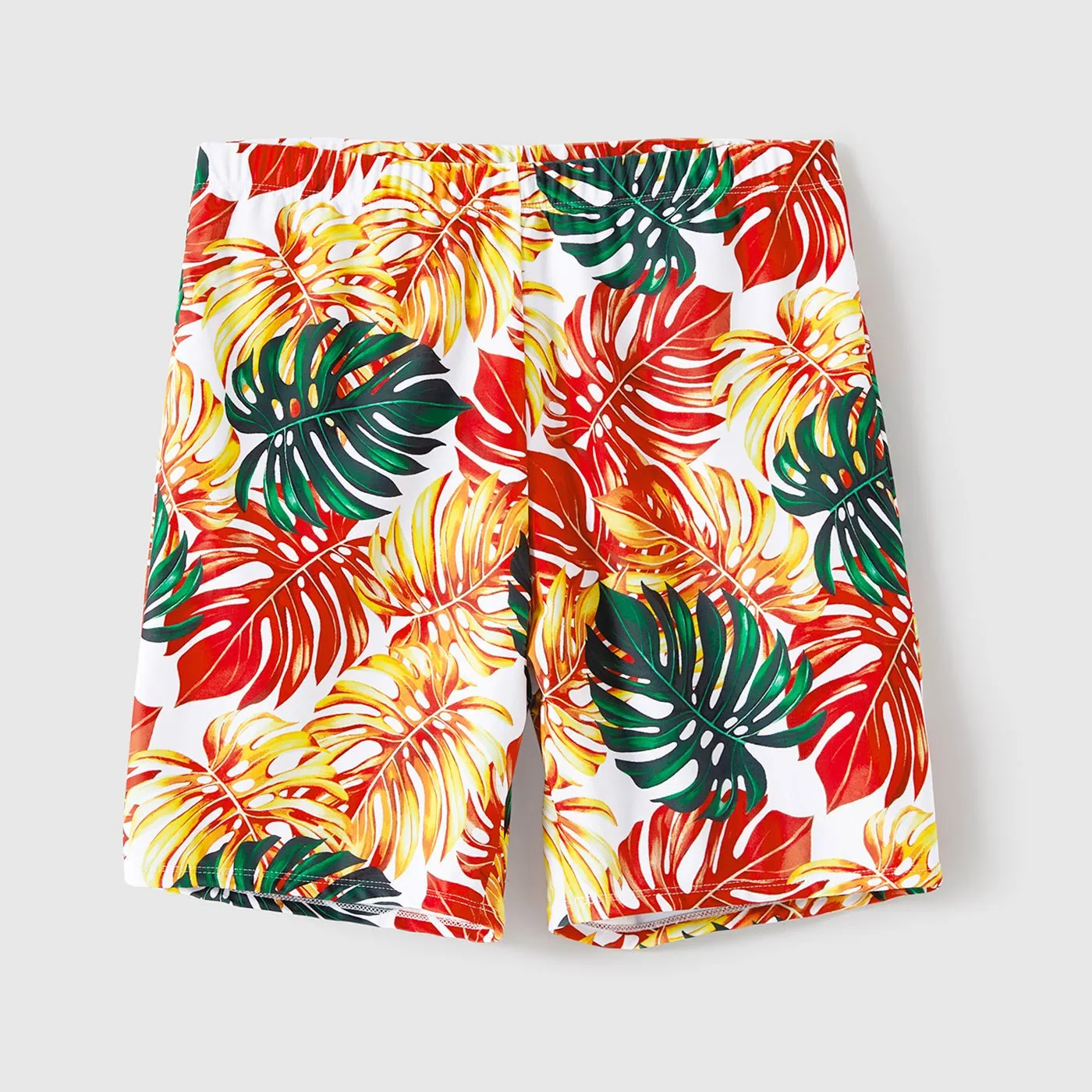 Family Matching Orange and All Over Tropical Plant Print Splicing Ruffle One-Piece Swimsuit and Swim Trunks Shorts