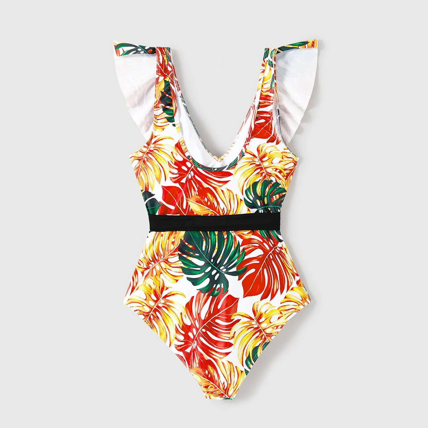 Family Matching Orange and All Over Tropical Plant Print Splicing Ruffle One-Piece Swimsuit and Swim Trunks Shorts