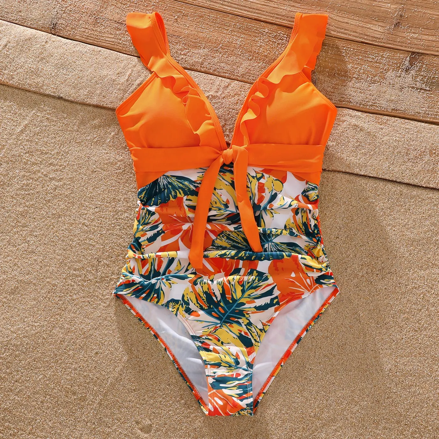 Family Matching Orange and All Over Tropical Plant Print Splicing Ruffle One-Piece Swimsuit and Swim Trunks Shorts