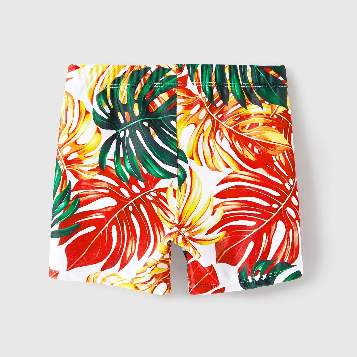 Family Matching Orange and All Over Tropical Plant Print Splicing Ruffle One-Piece Swimsuit and Swim Trunks Shorts