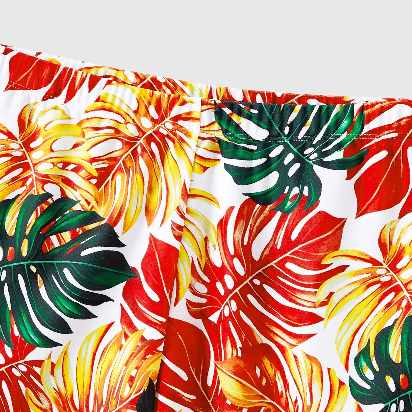 Family Matching Orange and All Over Tropical Plant Print Splicing Ruffle One-Piece Swimsuit and Swim Trunks Shorts