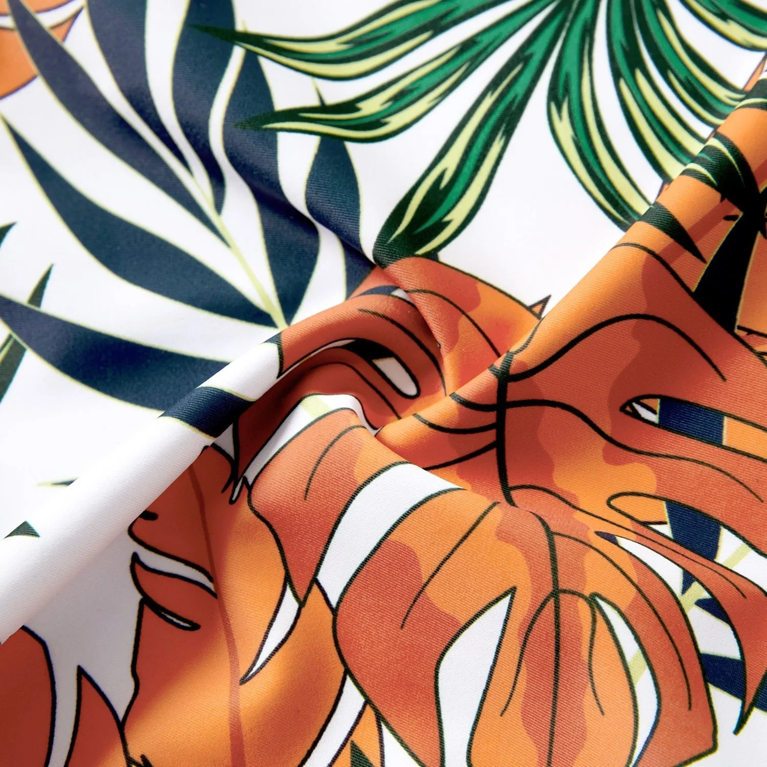 Family Matching Orange and All Over Tropical Plant Print Splicing Ruffle One-Piece Swimsuit and Swim Trunks Shorts