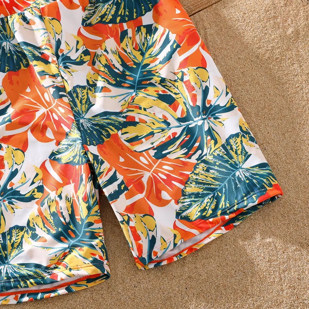 Family Matching Orange and All Over Tropical Plant Print Splicing Ruffle One-Piece Swimsuit and Swim Trunks Shorts