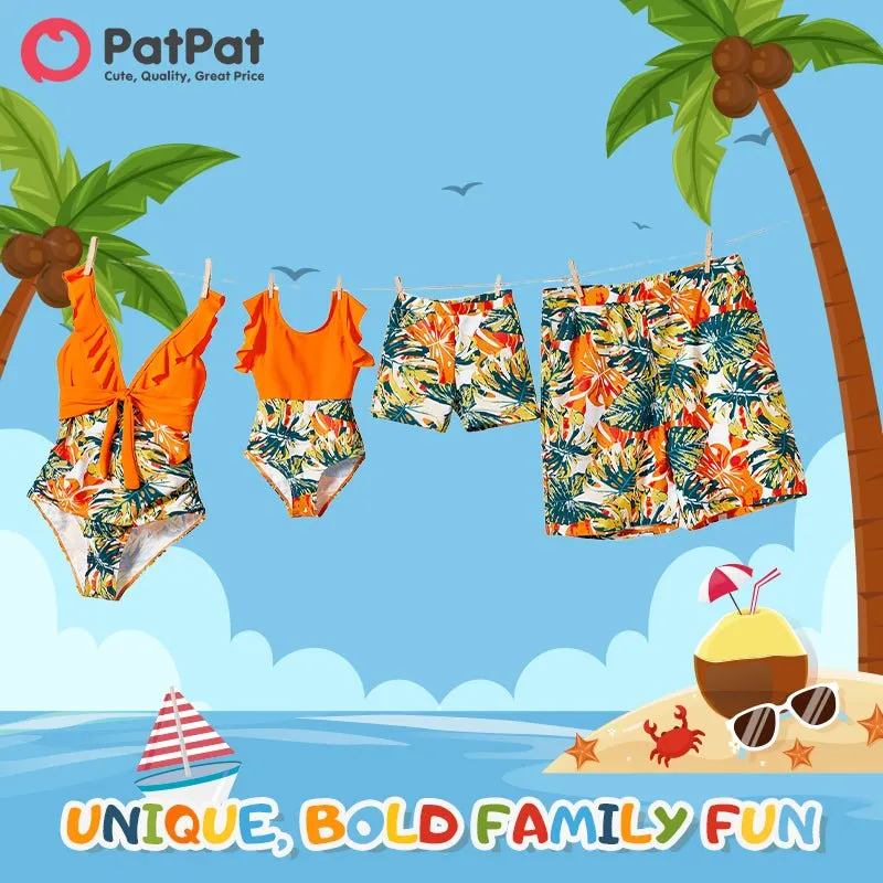 Family Matching Orange and All Over Tropical Plant Print Splicing Ruffle One-Piece Swimsuit and Swim Trunks Shorts