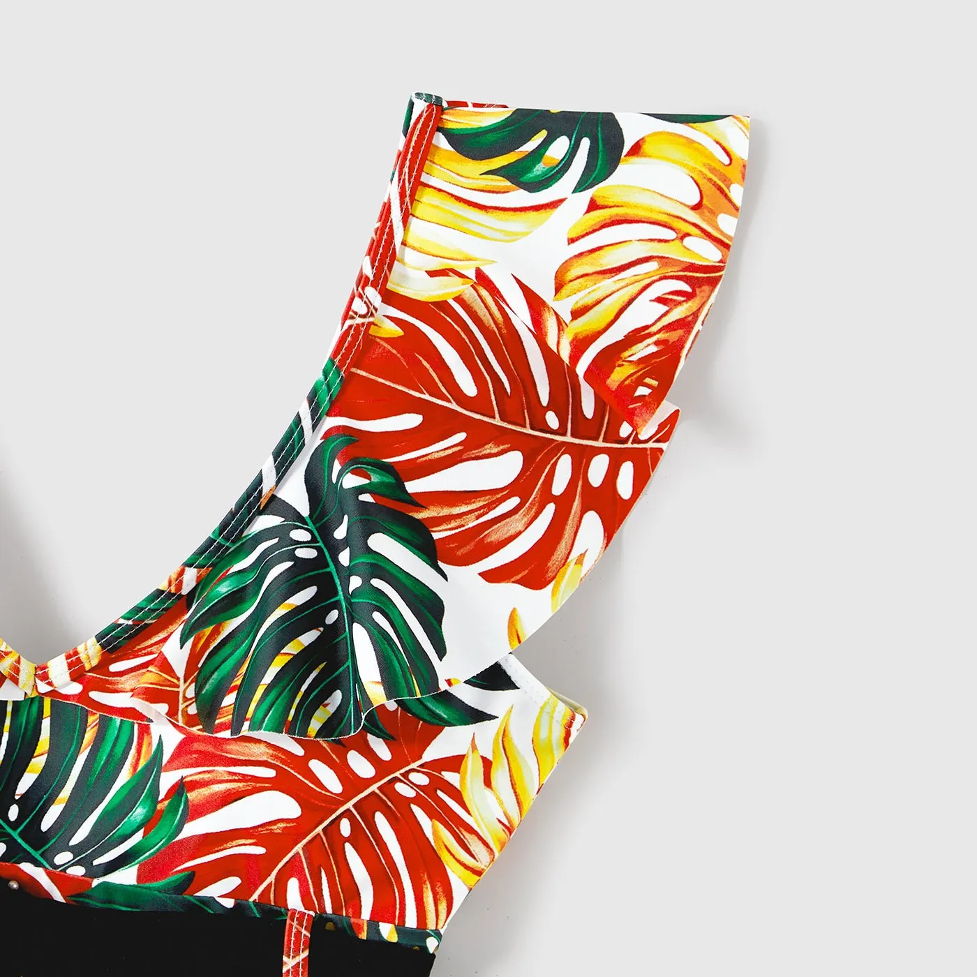 Family Matching Orange and All Over Tropical Plant Print Splicing Ruffle One-Piece Swimsuit and Swim Trunks Shorts
