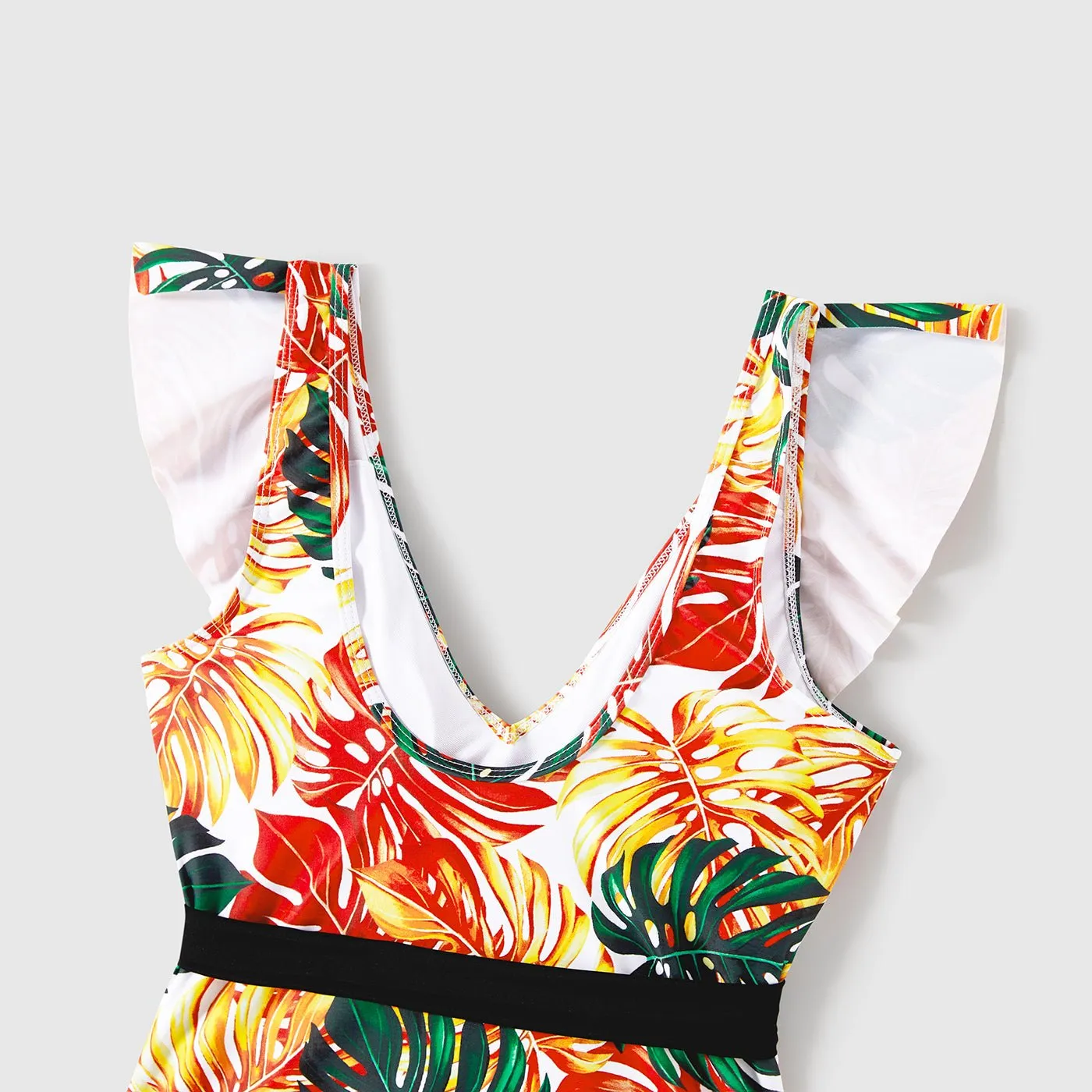 Family Matching Orange and All Over Tropical Plant Print Splicing Ruffle One-Piece Swimsuit and Swim Trunks Shorts