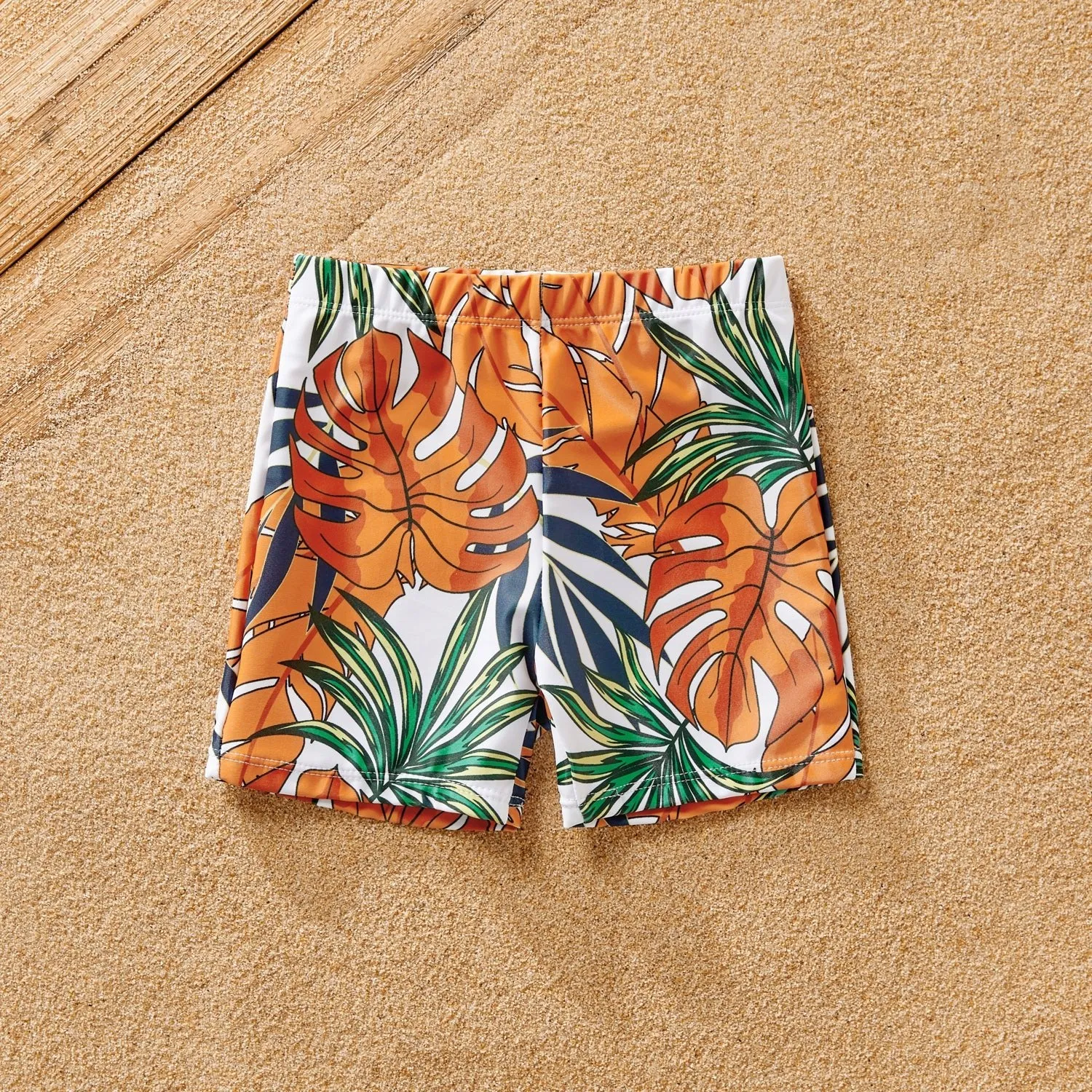 Family Matching Orange and All Over Tropical Plant Print Splicing Ruffle One-Piece Swimsuit and Swim Trunks Shorts
