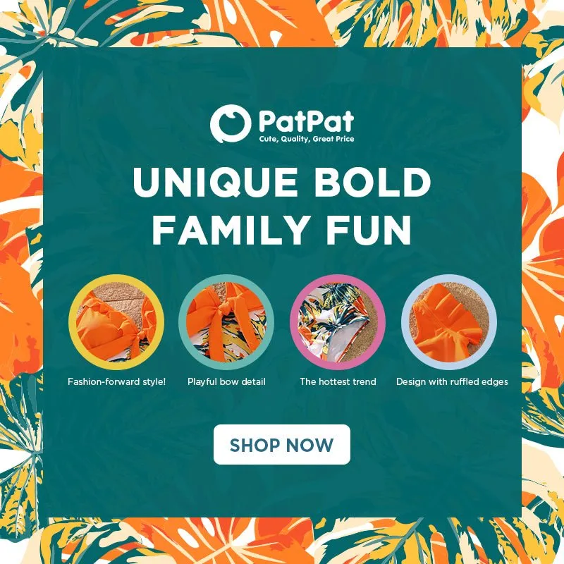 Family Matching Orange and All Over Tropical Plant Print Splicing Ruffle One-Piece Swimsuit and Swim Trunks Shorts