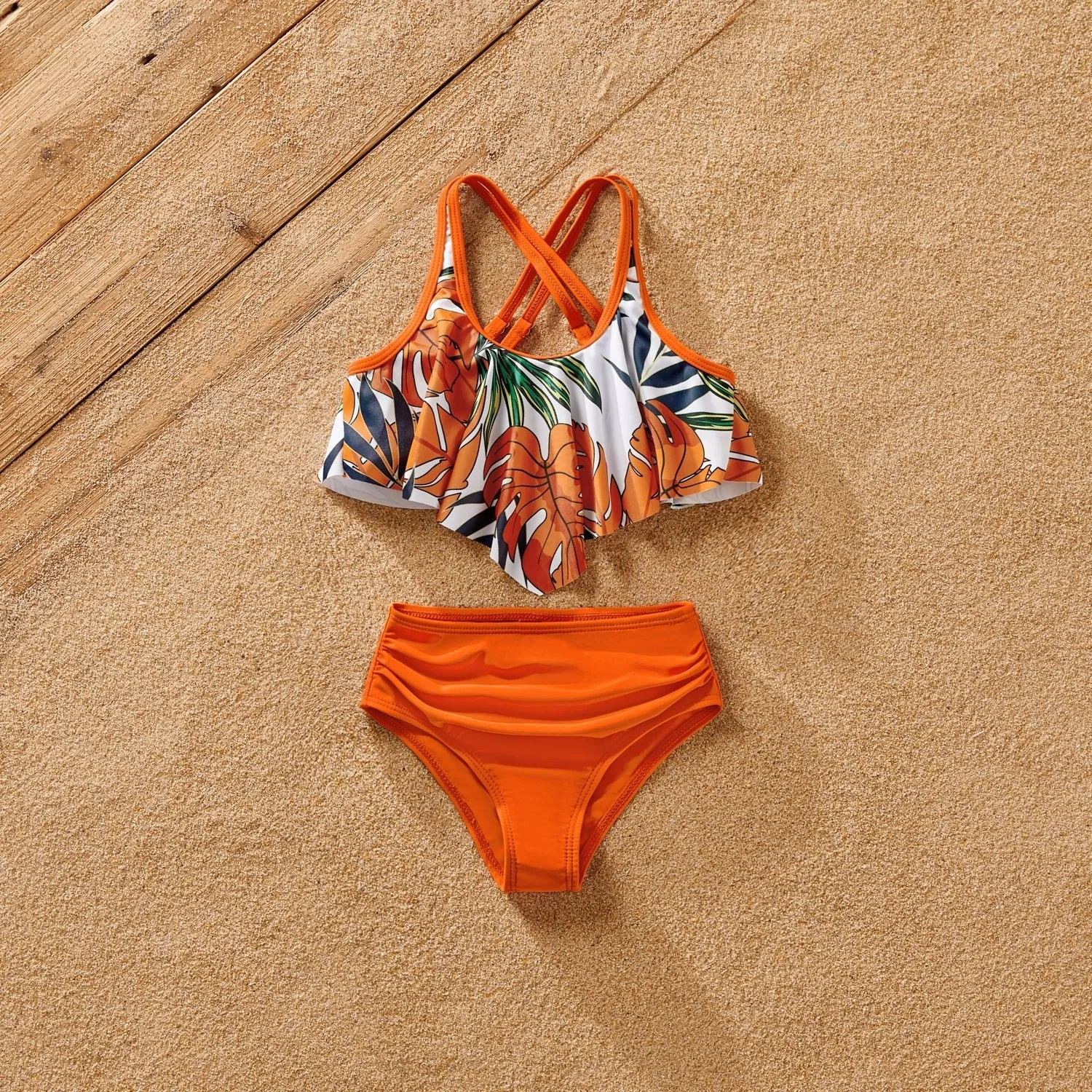 Family Matching Orange and All Over Tropical Plant Print Splicing Ruffle One-Piece Swimsuit and Swim Trunks Shorts