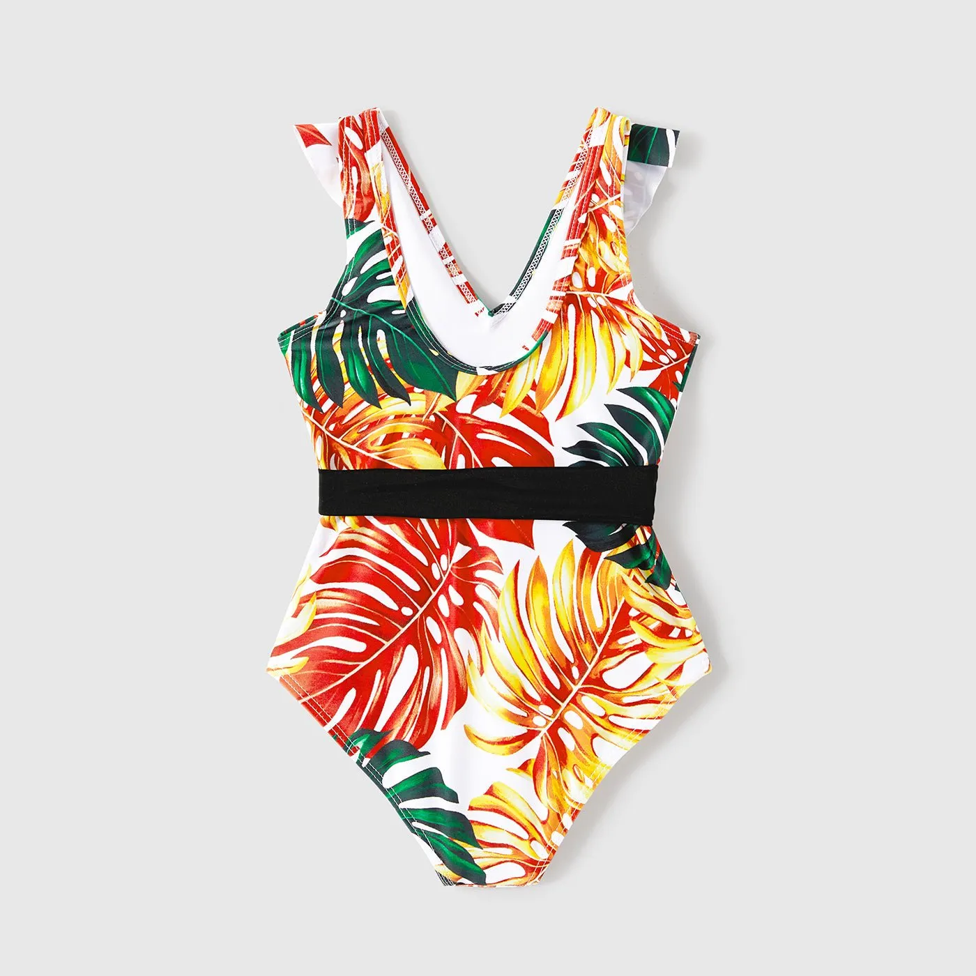 Family Matching Orange and All Over Tropical Plant Print Splicing Ruffle One-Piece Swimsuit and Swim Trunks Shorts