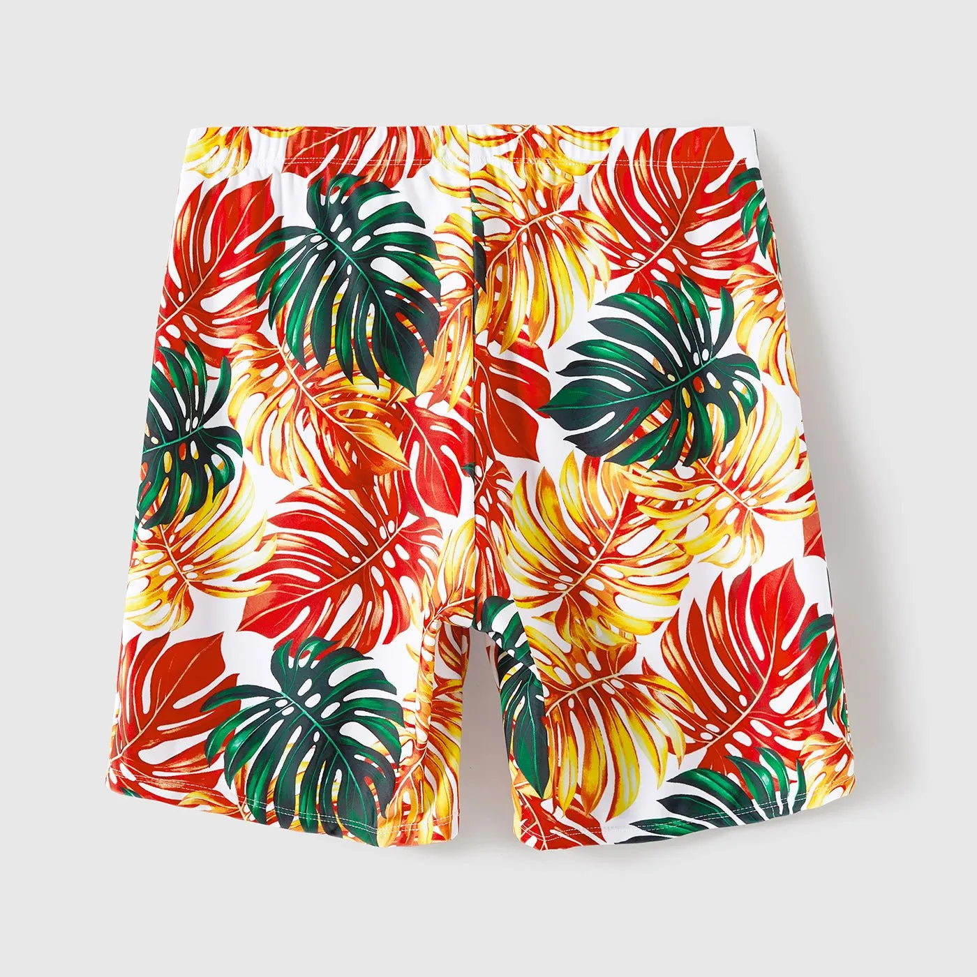 Family Matching Orange and All Over Tropical Plant Print Splicing Ruffle One-Piece Swimsuit and Swim Trunks Shorts