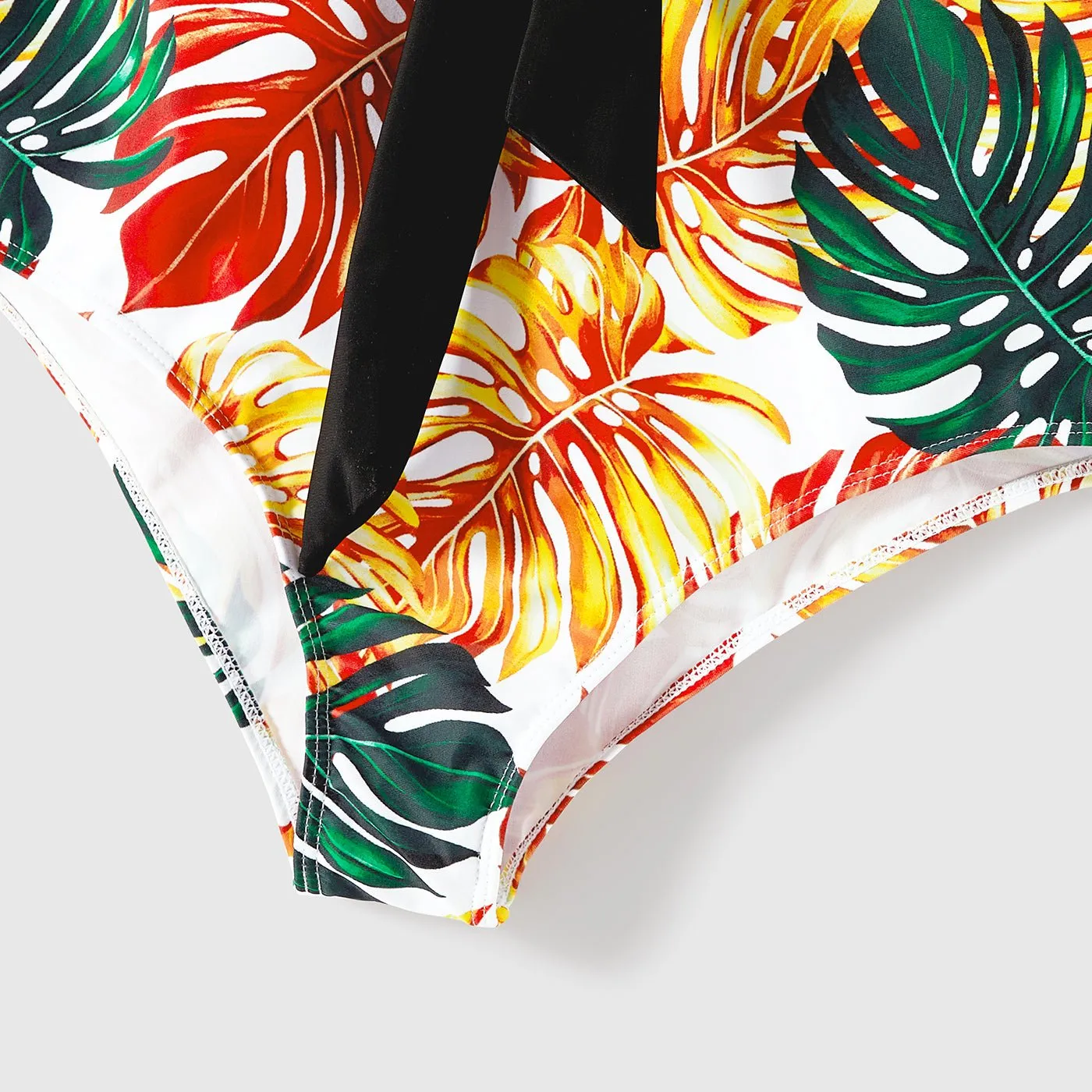 Family Matching Orange and All Over Tropical Plant Print Splicing Ruffle One-Piece Swimsuit and Swim Trunks Shorts