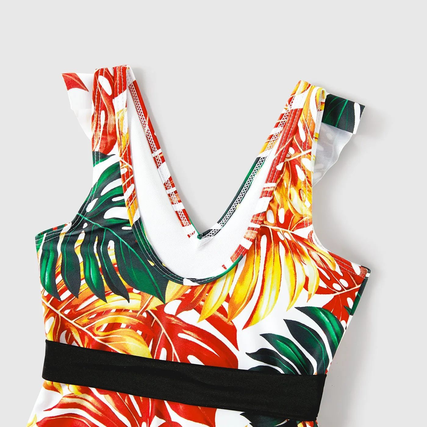 Family Matching Orange and All Over Tropical Plant Print Splicing Ruffle One-Piece Swimsuit and Swim Trunks Shorts