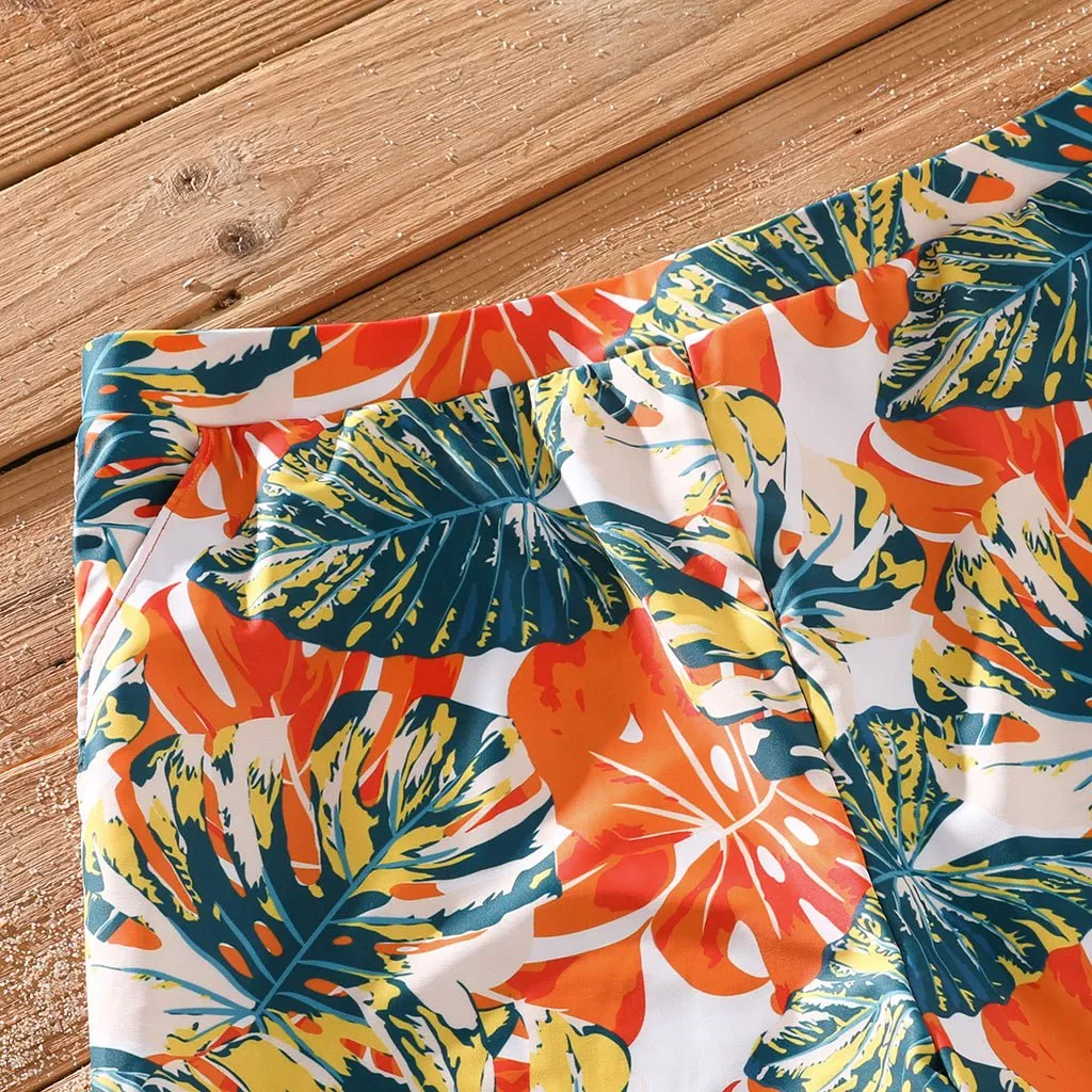 Family Matching Orange and All Over Tropical Plant Print Splicing Ruffle One-Piece Swimsuit and Swim Trunks Shorts