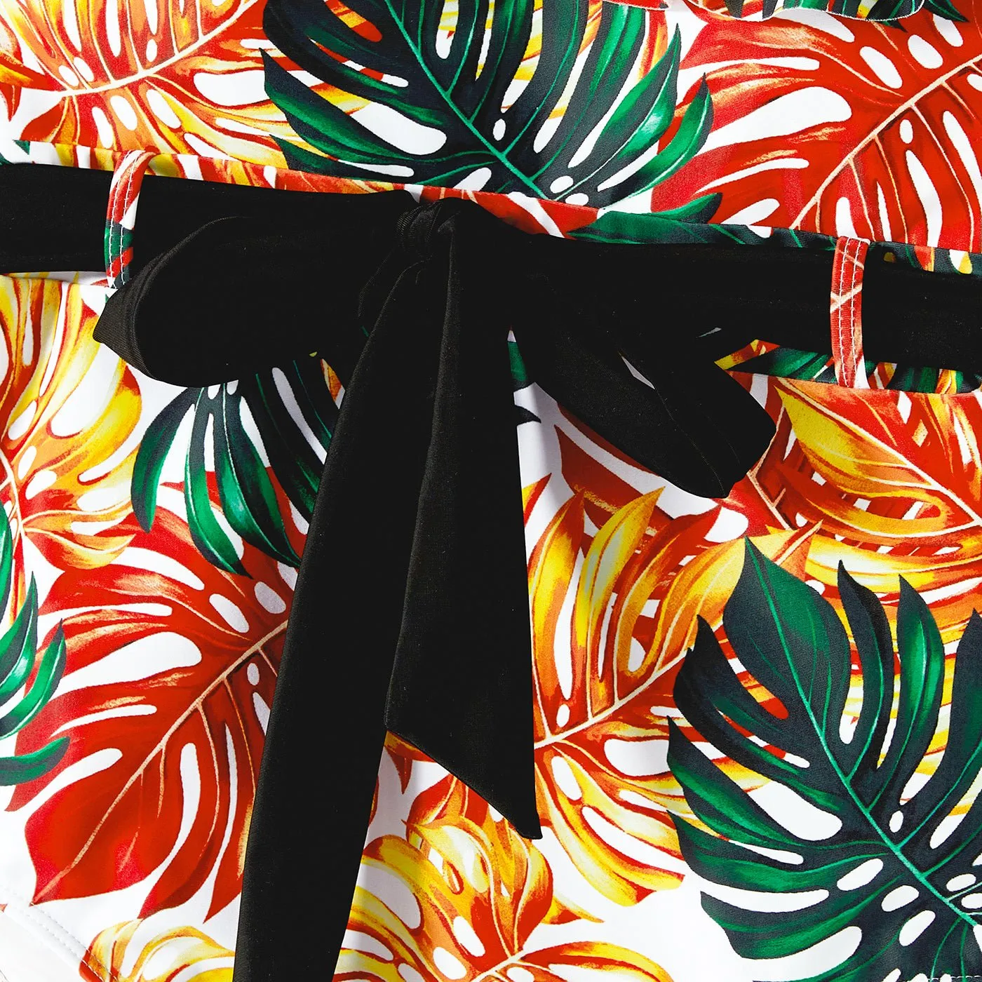 Family Matching Orange and All Over Tropical Plant Print Splicing Ruffle One-Piece Swimsuit and Swim Trunks Shorts