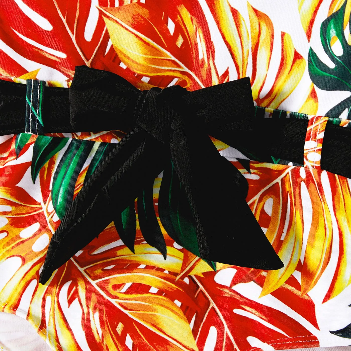 Family Matching Orange and All Over Tropical Plant Print Splicing Ruffle One-Piece Swimsuit and Swim Trunks Shorts