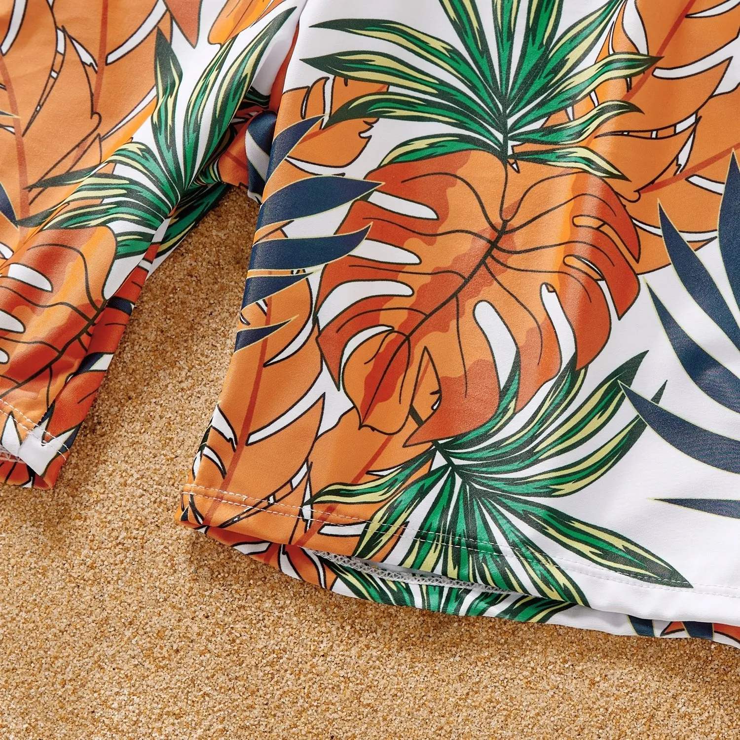 Family Matching Orange and All Over Tropical Plant Print Splicing Ruffle One-Piece Swimsuit and Swim Trunks Shorts