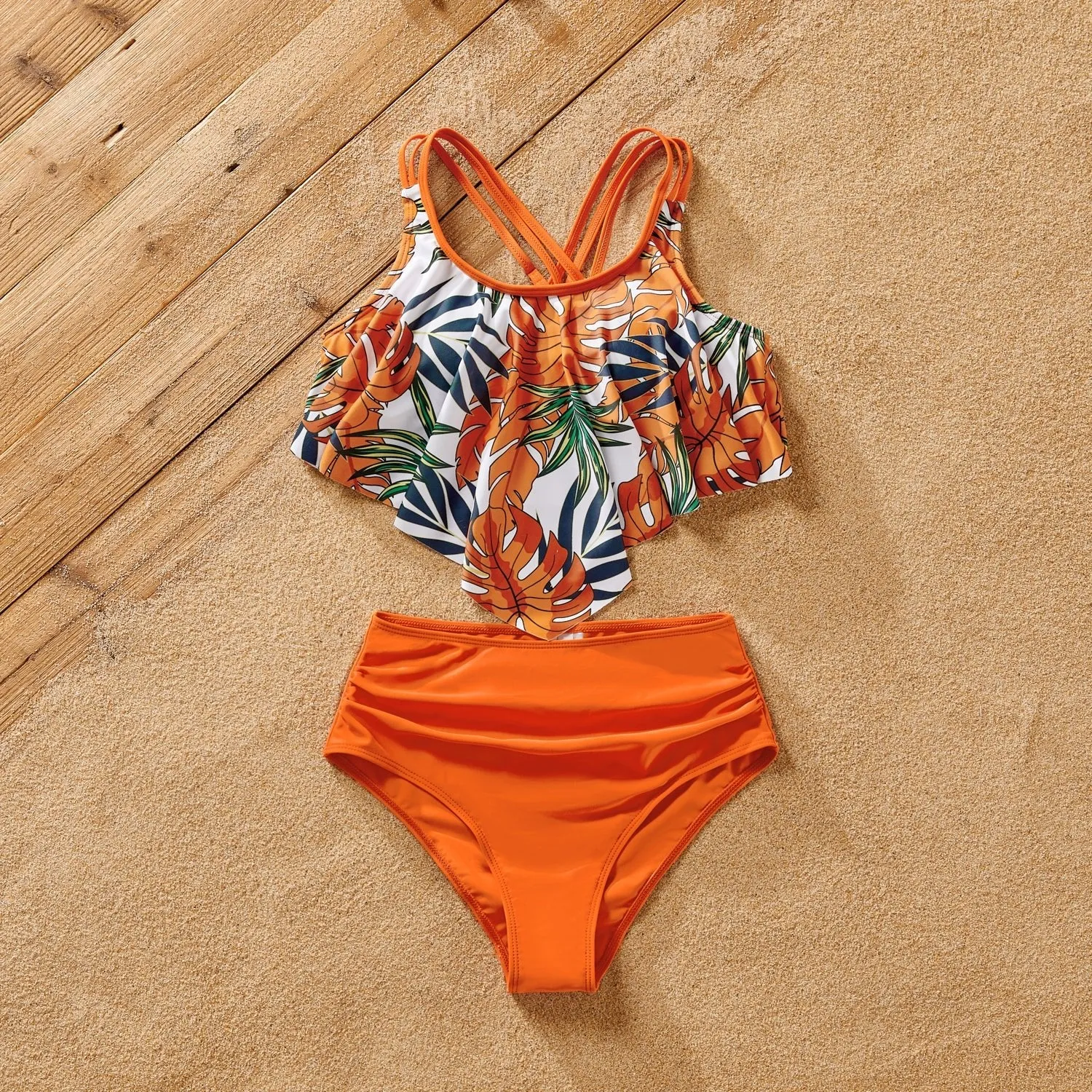 Family Matching Orange and All Over Tropical Plant Print Splicing Ruffle One-Piece Swimsuit and Swim Trunks Shorts