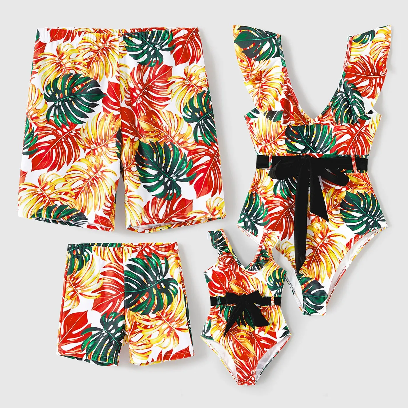 Family Matching Orange and All Over Tropical Plant Print Splicing Ruffle One-Piece Swimsuit and Swim Trunks Shorts