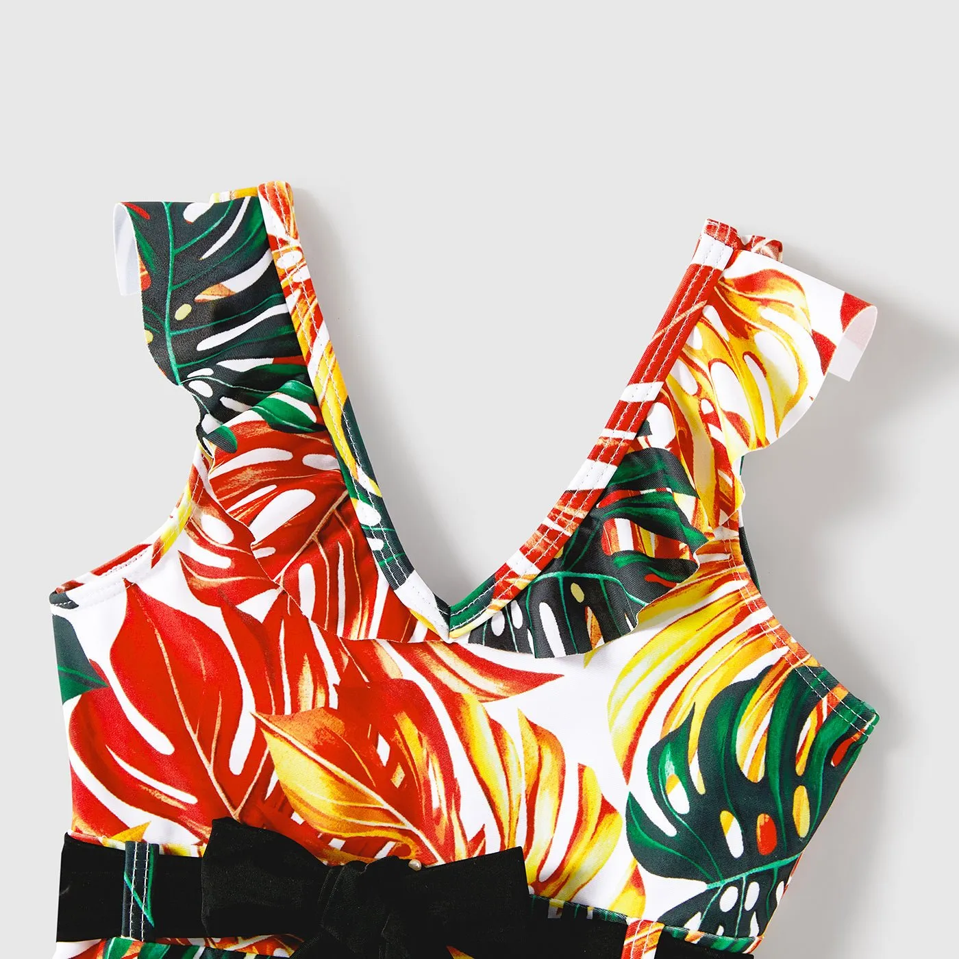 Family Matching Orange and All Over Tropical Plant Print Splicing Ruffle One-Piece Swimsuit and Swim Trunks Shorts